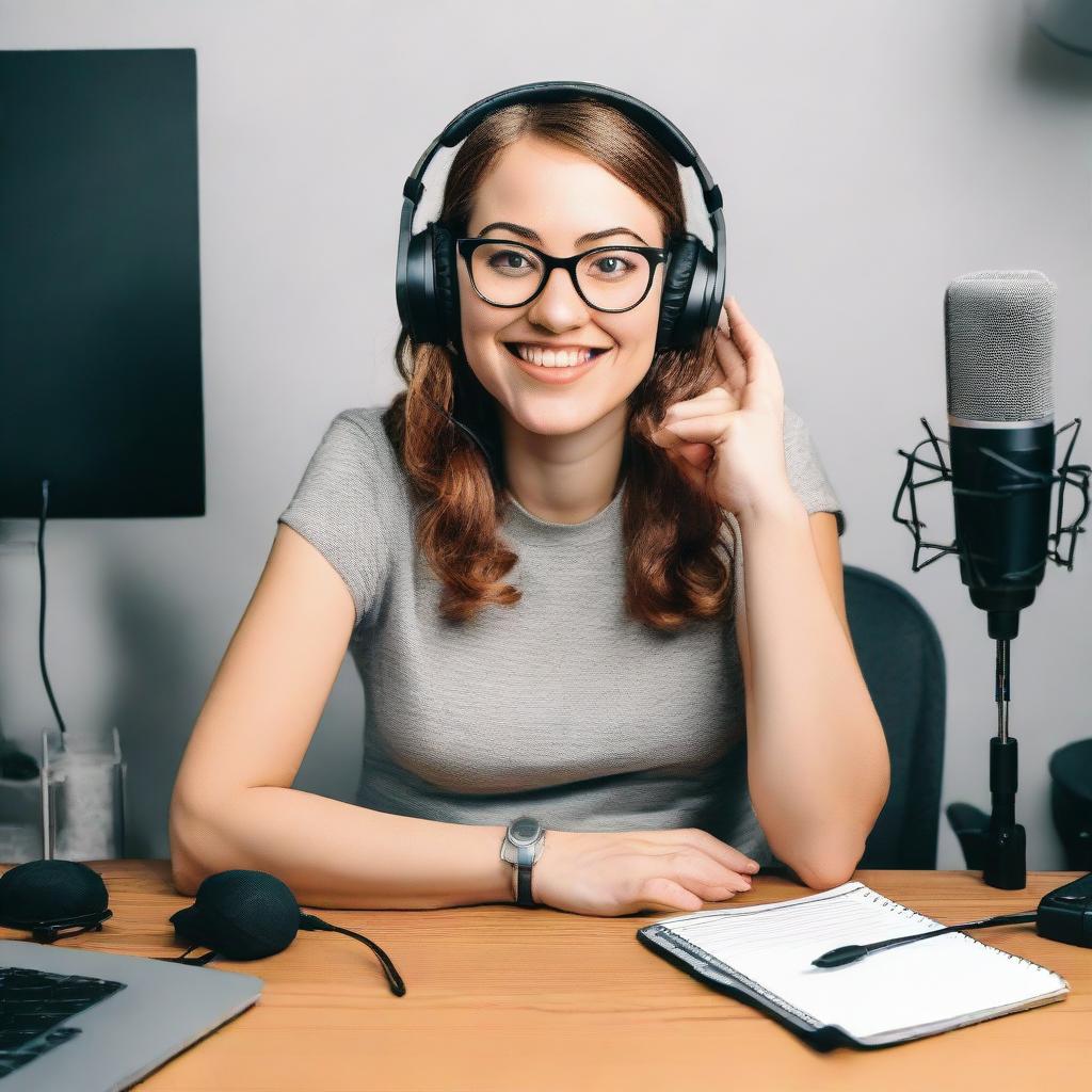 A nerdy girl with glasses enthusiastically hosting a podcast, surrounded by professional podcasting equipment.