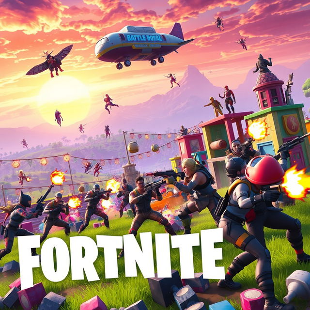 An action-packed scene from Fortnite Battle Royale, featuring colorful and stylized characters in the midst of a vibrant landscape