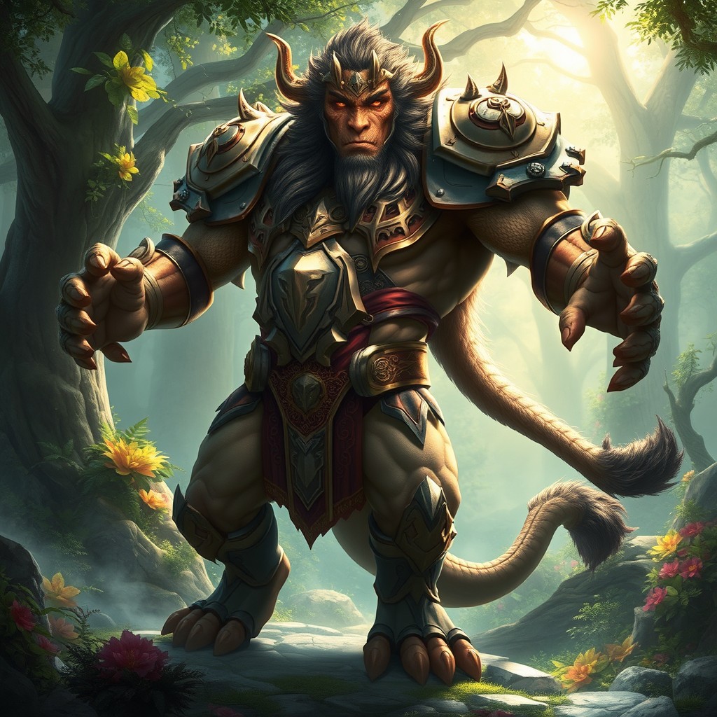 A stunning, mythical creature known as a Shokan, which resembles a fearsome warrior combined with a powerful animal, showcasing four muscular arms and a majestic lion-like body