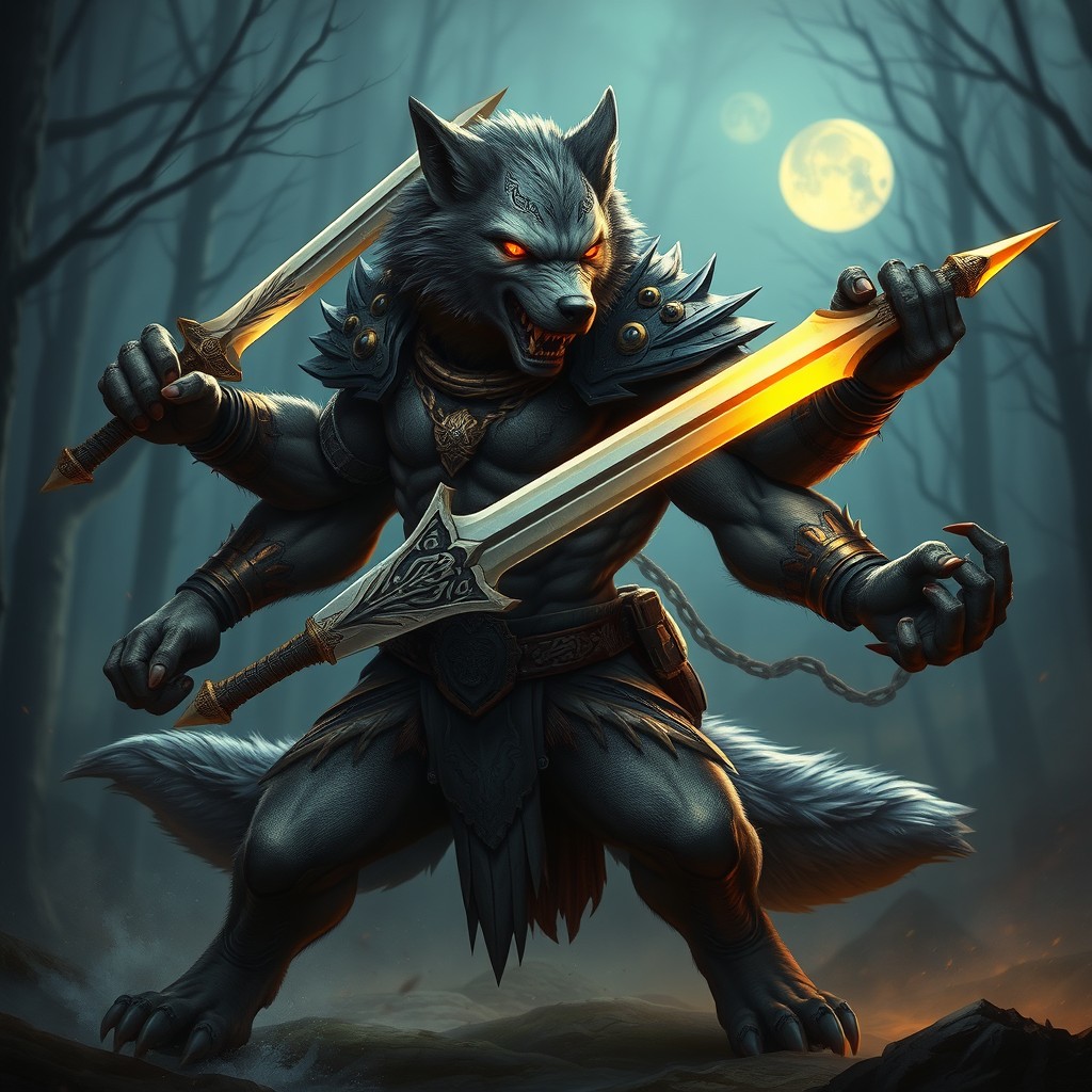 A fierce four-armed wolf fighter, showcasing a muscular and imposing physique
