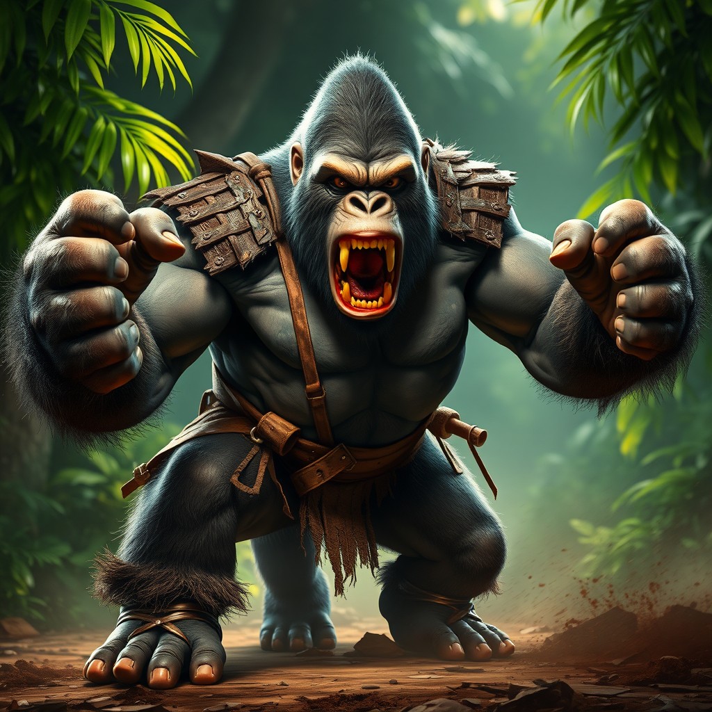 A powerful four-armed gorilla brawler in an intense combat pose, showcasing its muscular build and fierce expression