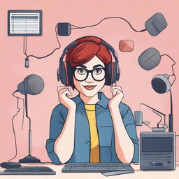 A nerdy girl with glasses enthusiastically hosting a podcast, surrounded by professional podcasting equipment.