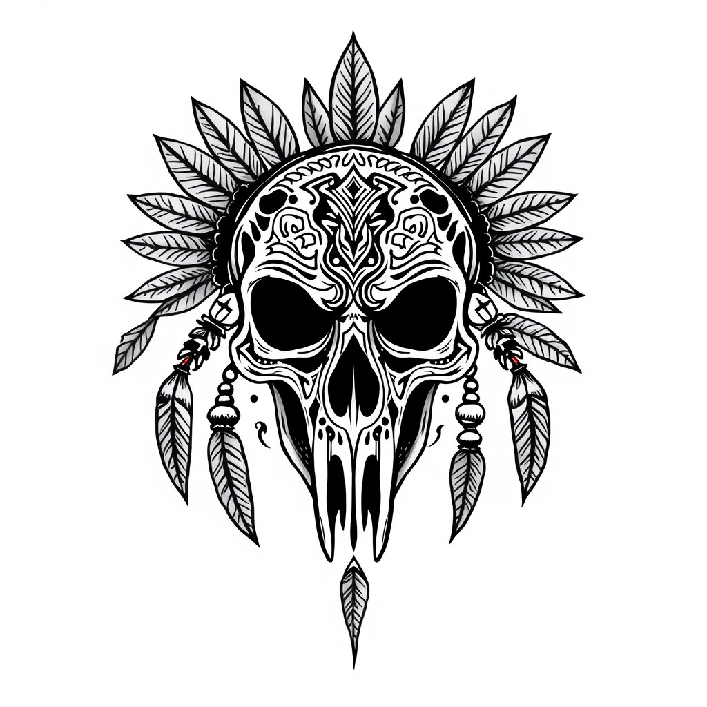 A striking tattoo design featuring a frontal view of a native skull adorned with intricate tribal patterns