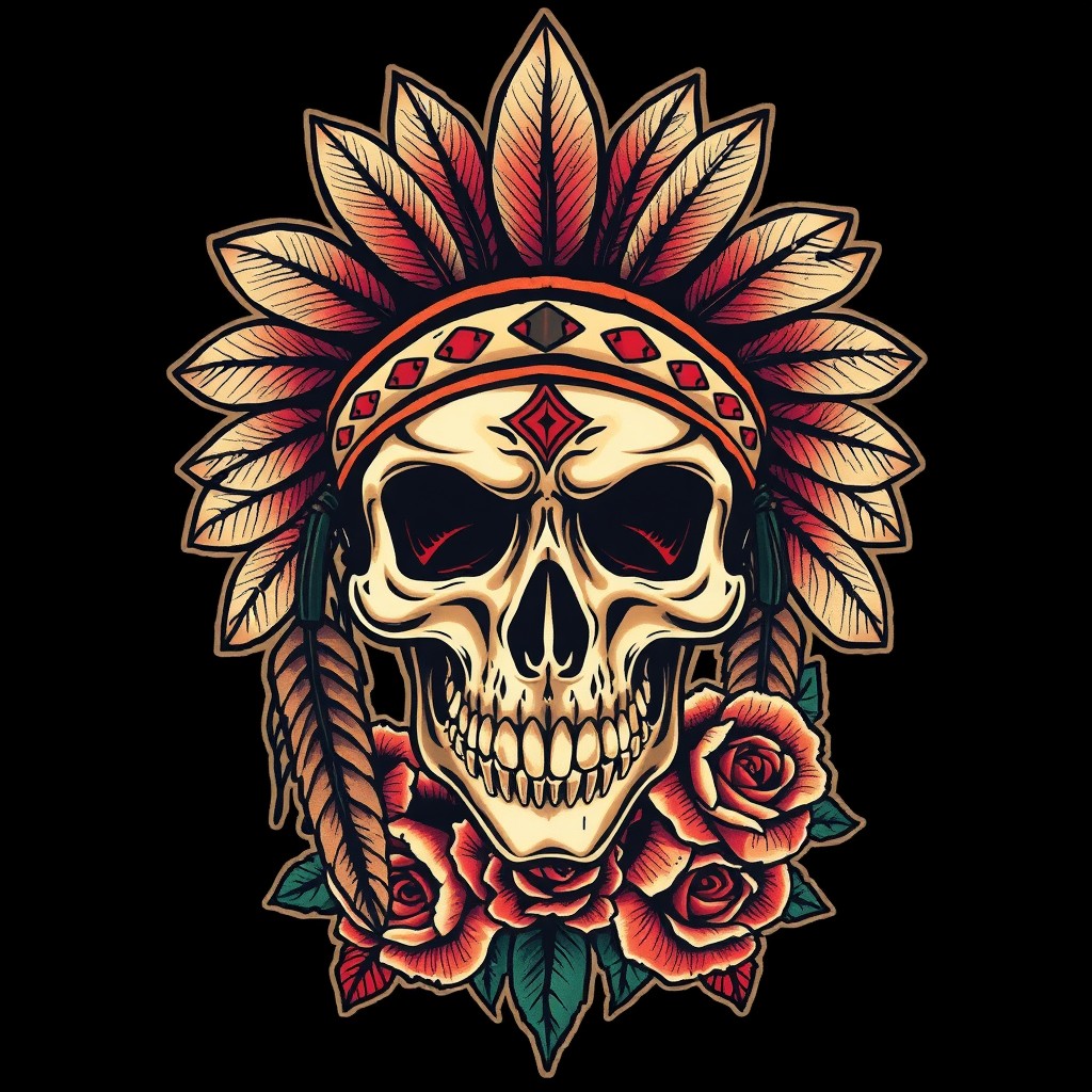 A captivating old-school tattoo design featuring a frontal view of an Indian skull