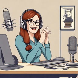 A nerdy girl with glasses enthusiastically hosting a podcast, surrounded by professional podcasting equipment.