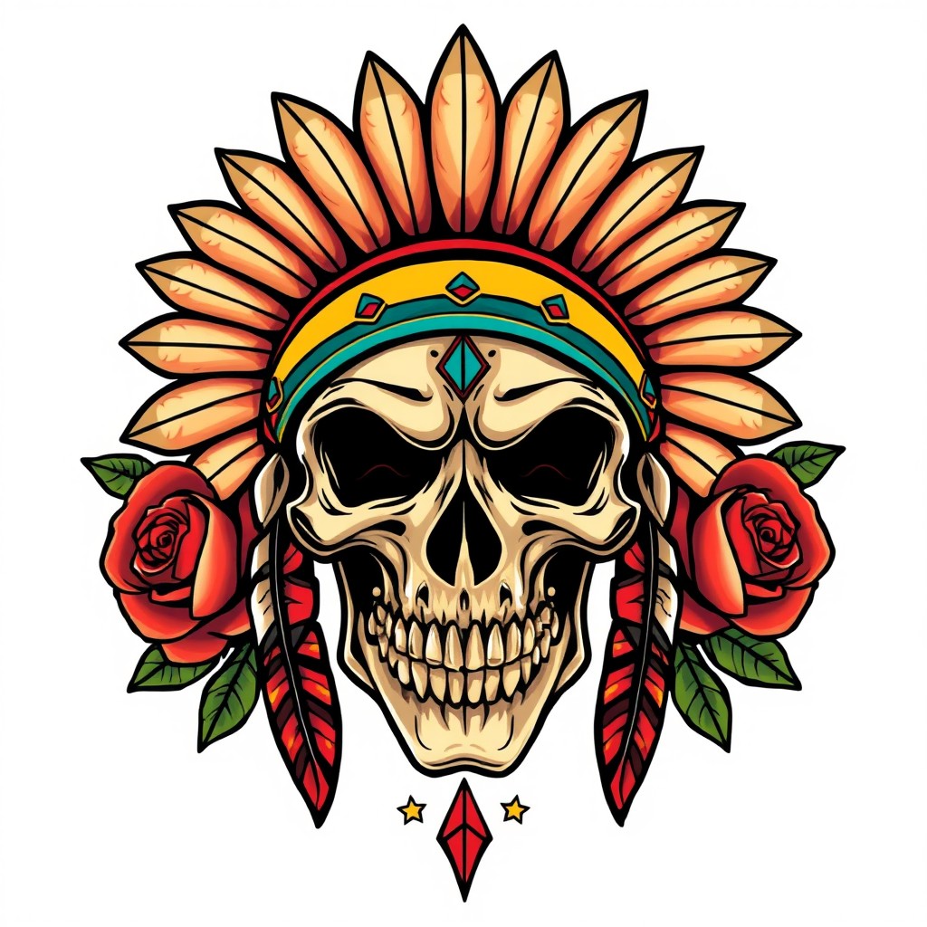 A vibrant old-school tattoo design featuring a frontal view of an Indian skull