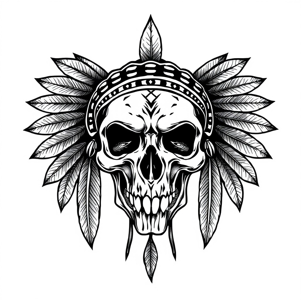 An old-school tattoo design featuring a frontal view of an Indian skull in black and white