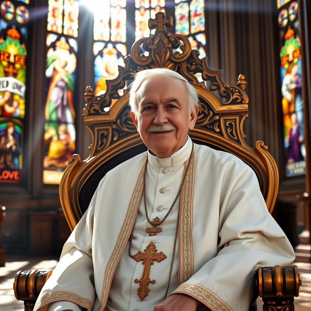 A portrait of an elderly man resembling a religious leader, sitting on an ornate throne in a grand cathedral