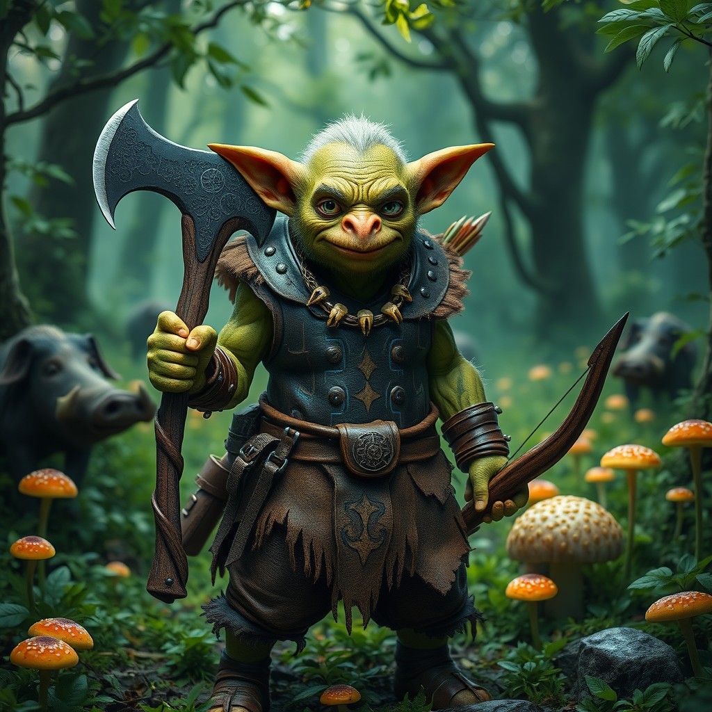 A wise-faced goblin standing in lush green magical woods filled with vibrant mushrooms and wandering boars