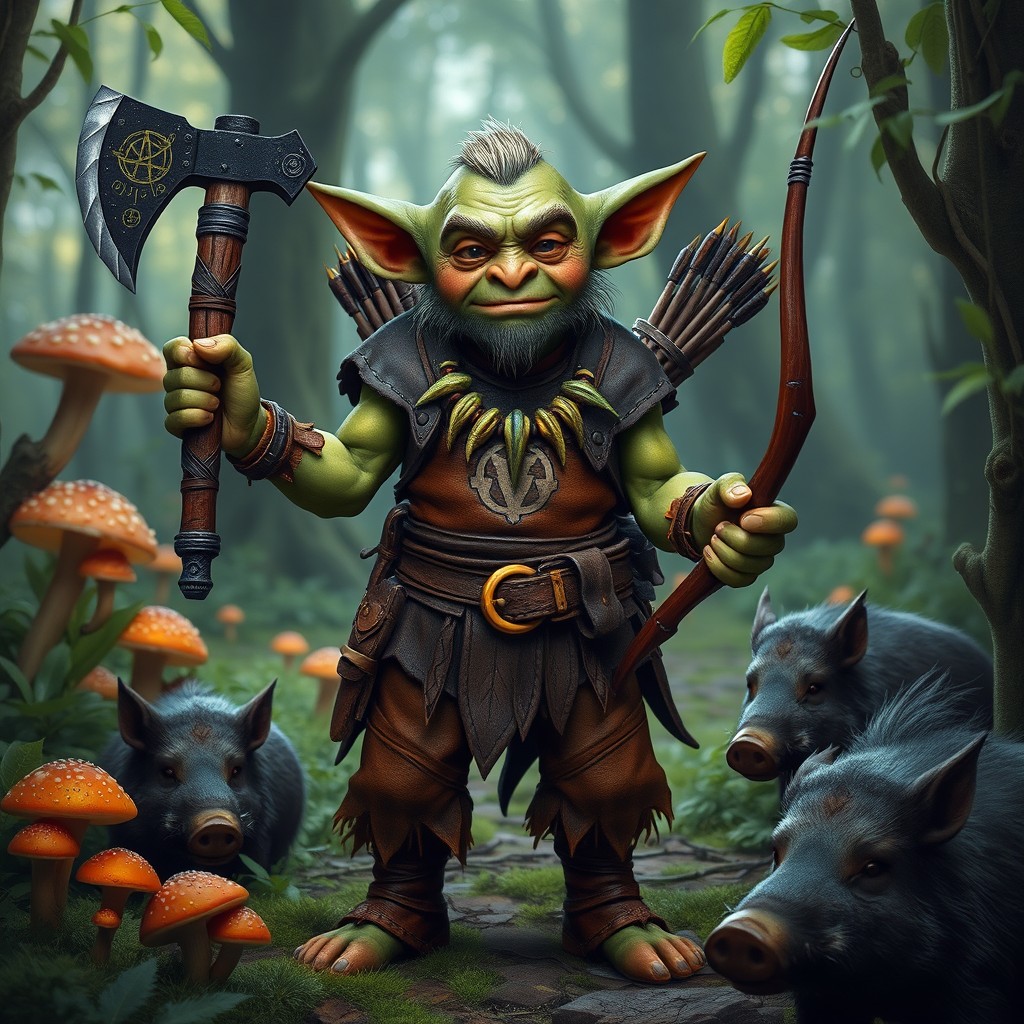 A wise-faced goblin standing confidently in lush green magical woods, surrounded by vibrant mushrooms and curious boars