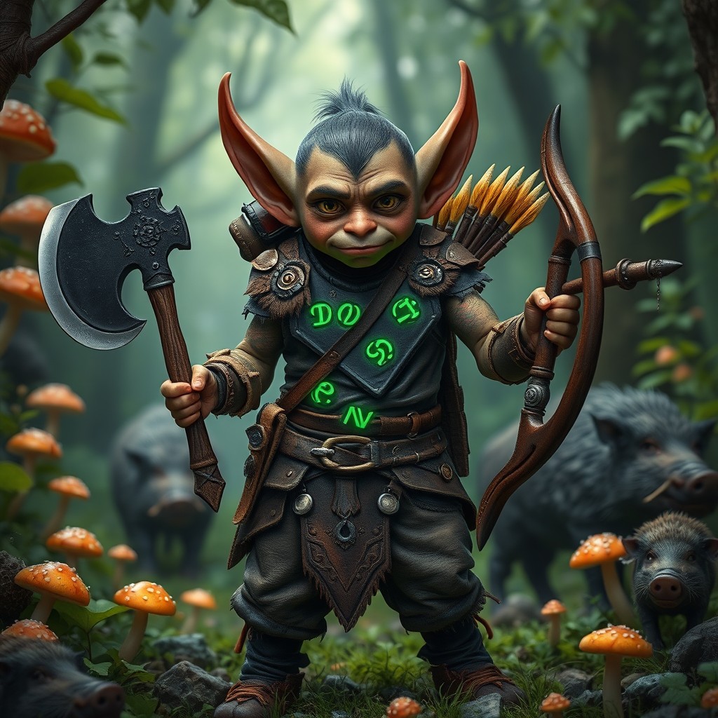 A young goblin with a wise, human-like face standing confidently in lush green magical woods, surrounded by vivid mushrooms and curious boars