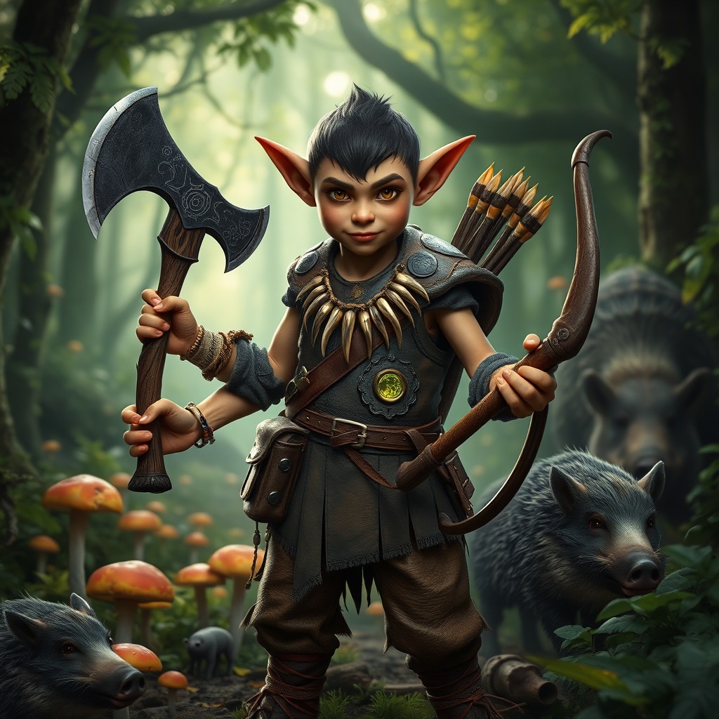 A young goblin with a wise, human-like face and short ears stands confidently in lush green magical woods, surrounded by vibrant mushrooms and curious boars