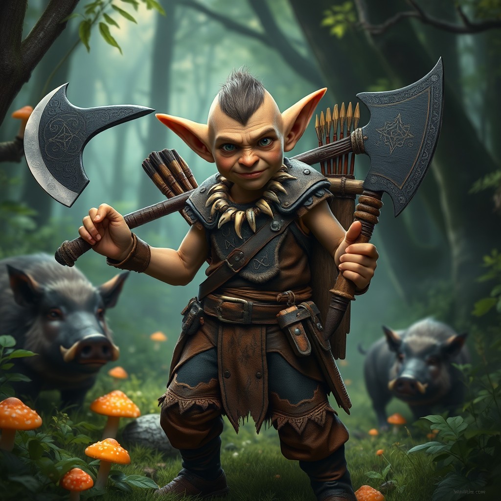 A young goblin with a wise, human-like face and short ears stands confidently in lush green magical woods, surrounded by vibrant mushrooms and curious boars