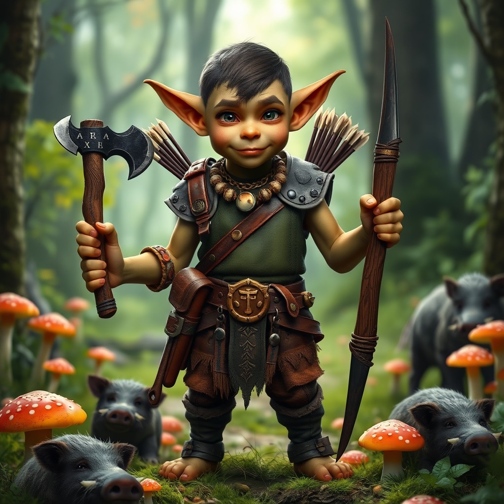 A young goblin with a wise, human-like face and short ears stands proudly in vibrant green magical woods, surrounded by colorful mushrooms and curious boars