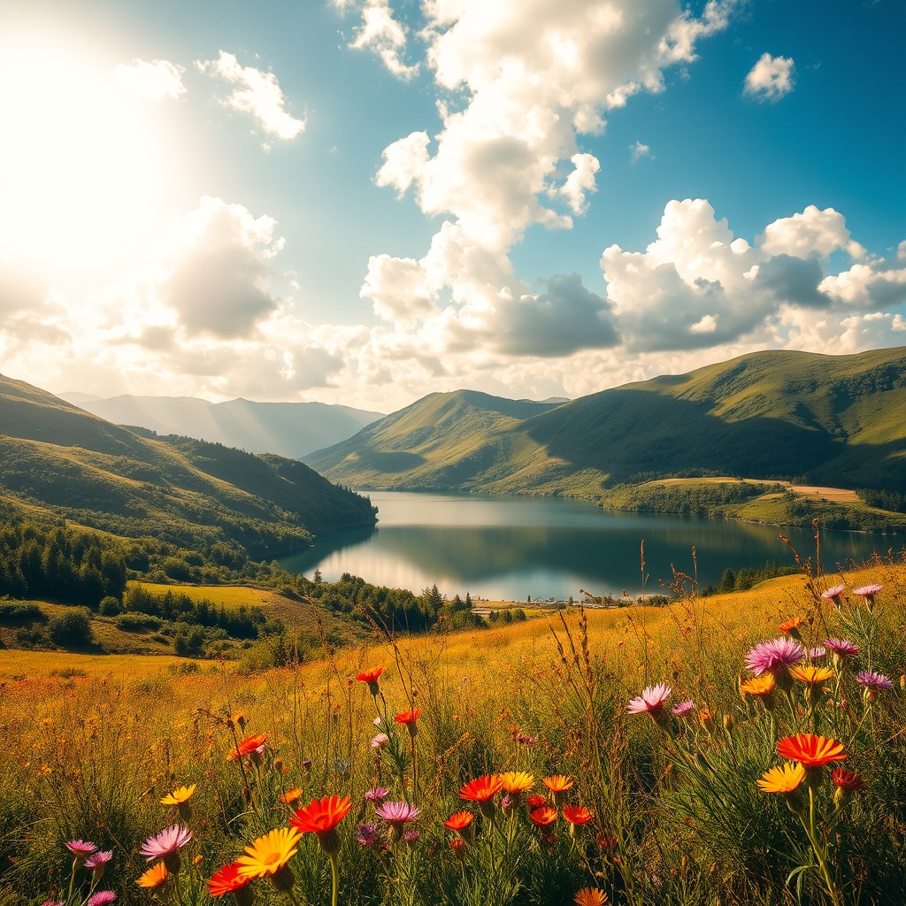 A picturesque landscape showcasing a serene lake surrounded by lush green hills and a vibrant sky filled with fluffy white clouds
