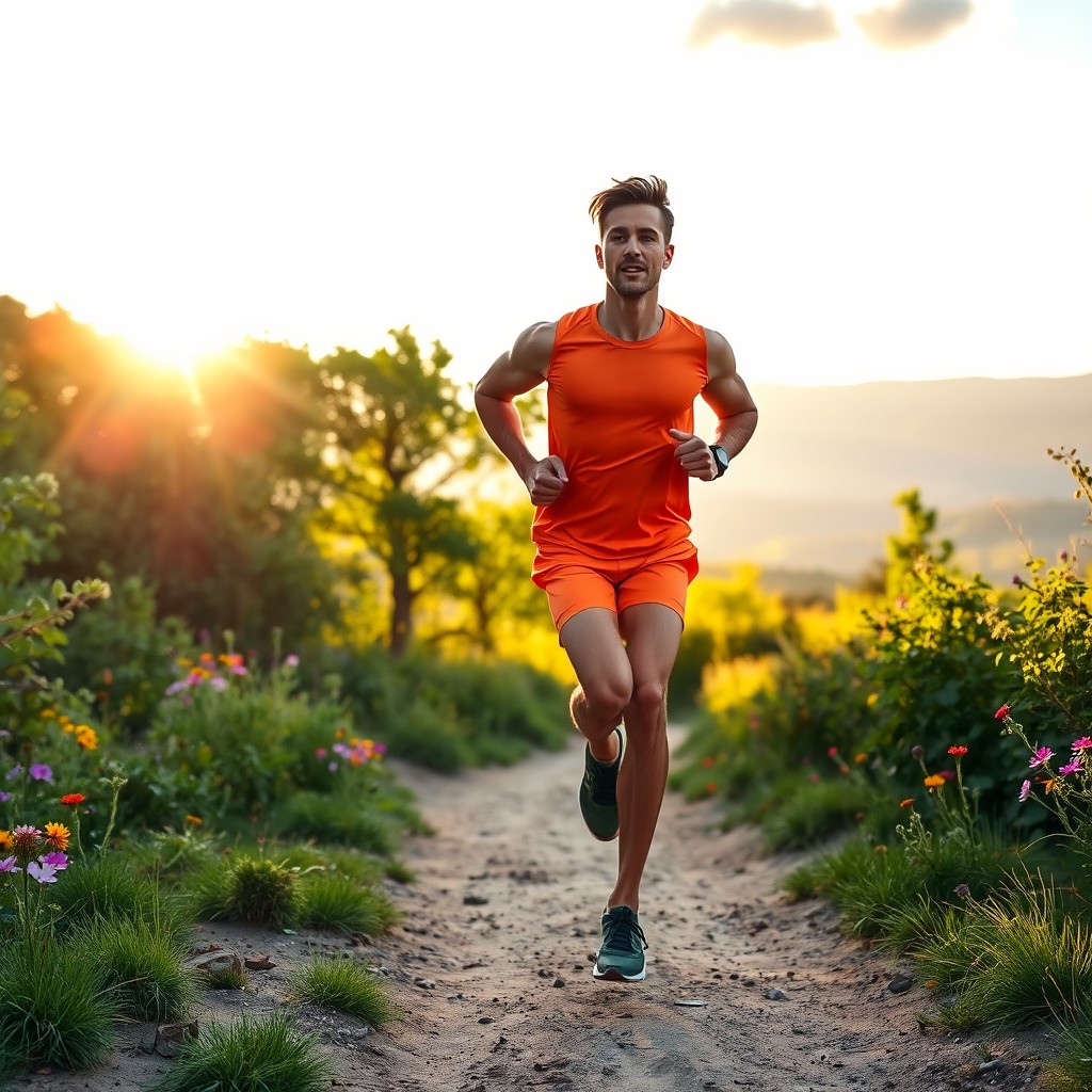A fit individual sprinting on a scenic trail during the golden hour, with sunlight filtering through dense trees
