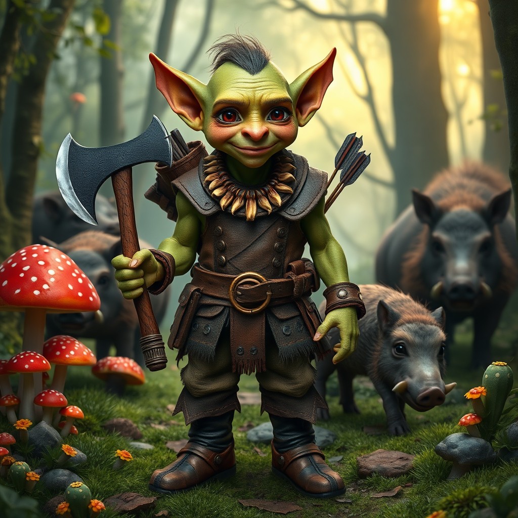 A wise goblin with a human-like face and short ears stands confidently in a lush green magical woods, surrounded by colorful mushrooms and observing boars