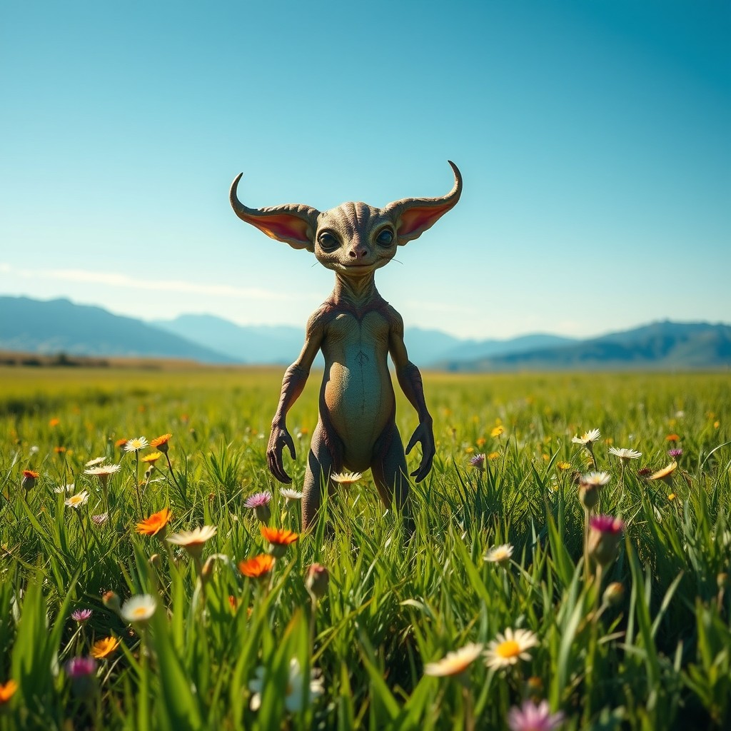 A mysterious, strange creature standing in the middle of lush grassy meadows under a bright blue sky