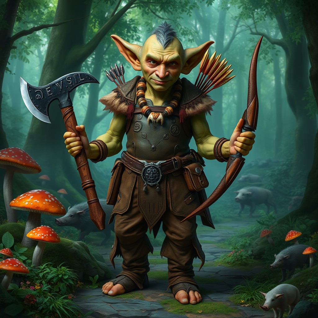 A 20-year-old goblin with a wise, human-like face and short ears stands proudly in enchanting green magical woods, surrounded by colorful mushrooms and wandering boars