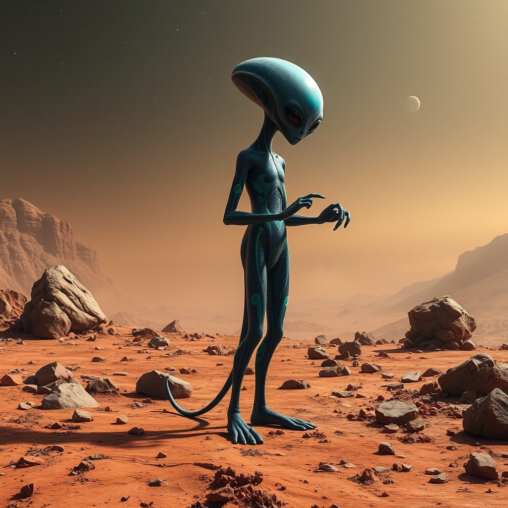 An extraterrestrial alien standing on the surface of Mars, characterized by its unique and intricate design