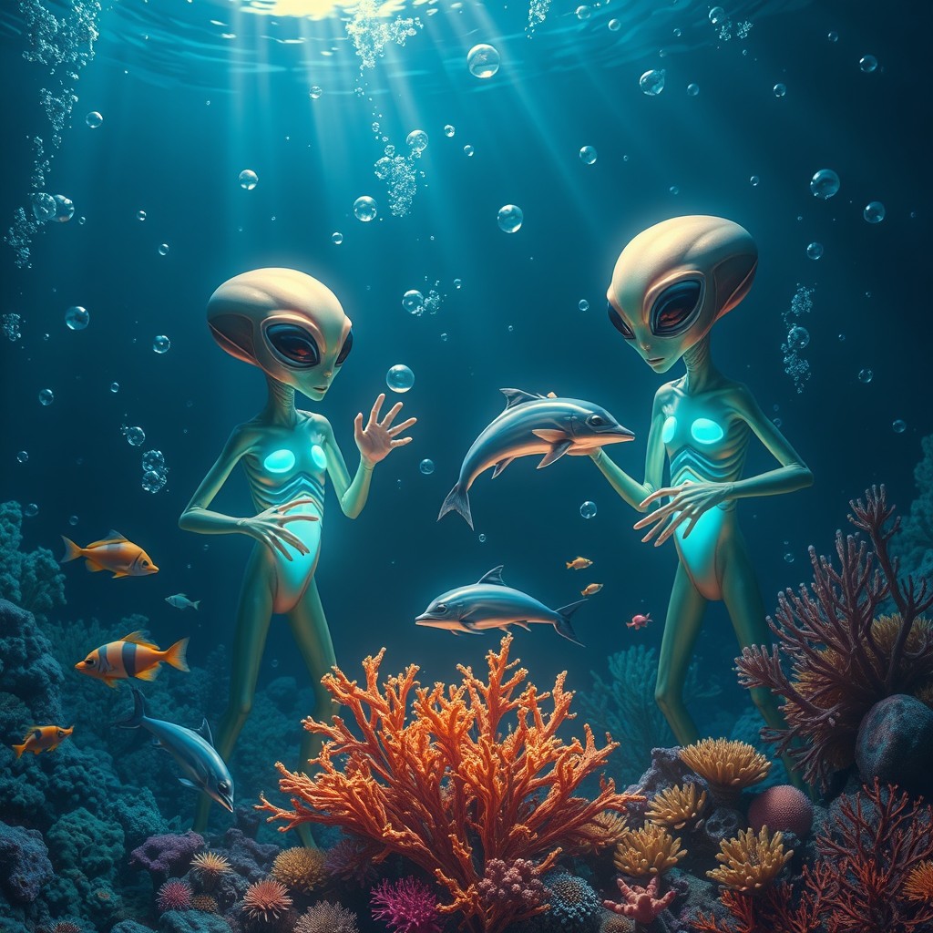 A scene depicting extraterrestrial aliens exploring the depths of the ocean, surrounded by vibrant marine life and colorful coral reefs