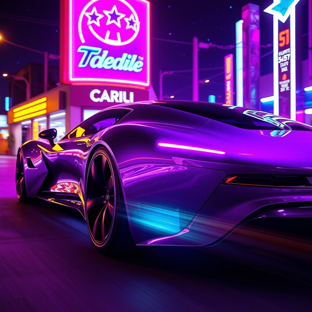 A sleek, futuristic car illuminated in vibrant neon purple lights, showcasing its modern design and aerodynamic features