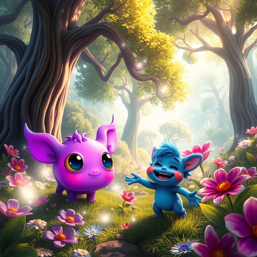 A detailed fantasy landscape featuring a whimsical, glowing purple creature with large eyes, situated in a vibrant, enchanted forest