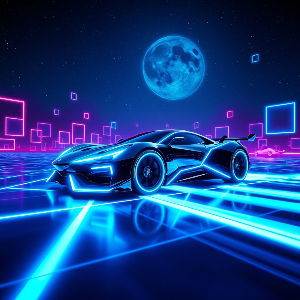 A futuristic neon-lit car inspired by the aesthetics of the Tron universe, featuring bright blue and black neon lines accentuating its sleek, aerodynamic shape