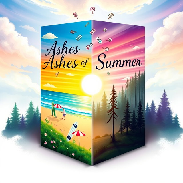 A stunning book cover design for a fan fiction titled 'Ashes of Summer,' focused on twins who are opposites, relating to themes of YouTube and Instagram