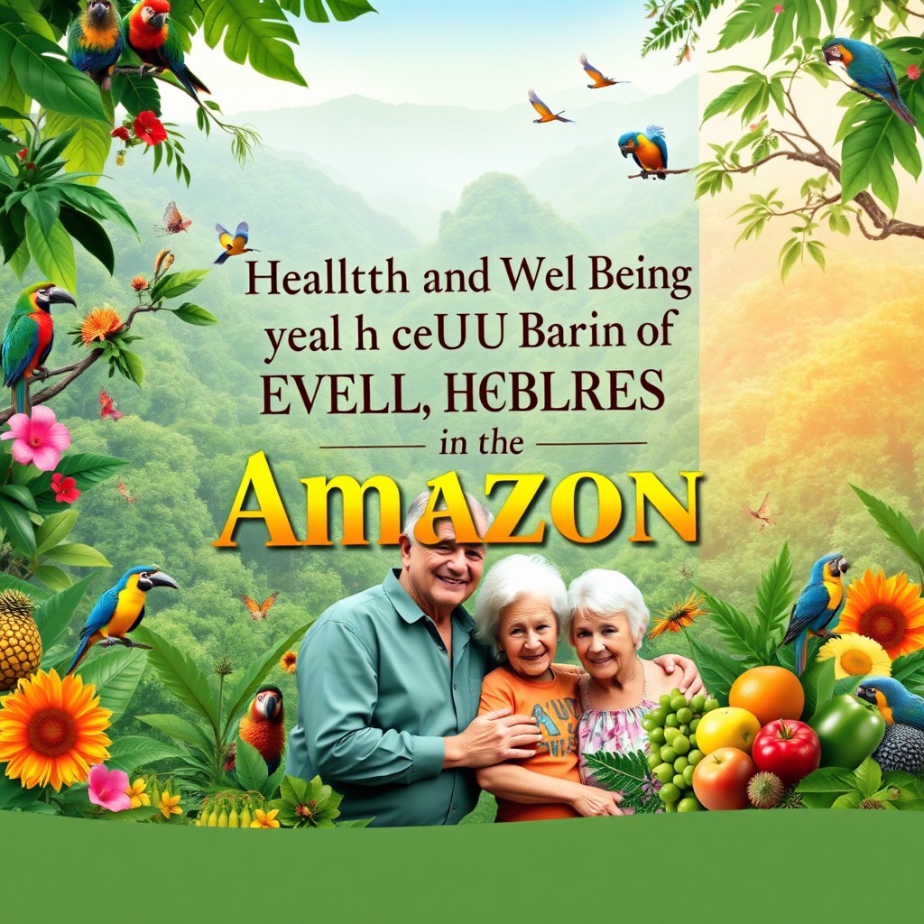 A visually stunning book cover design featuring the title 'Health and Well-Being of Elderly and Children in the Amazon'
