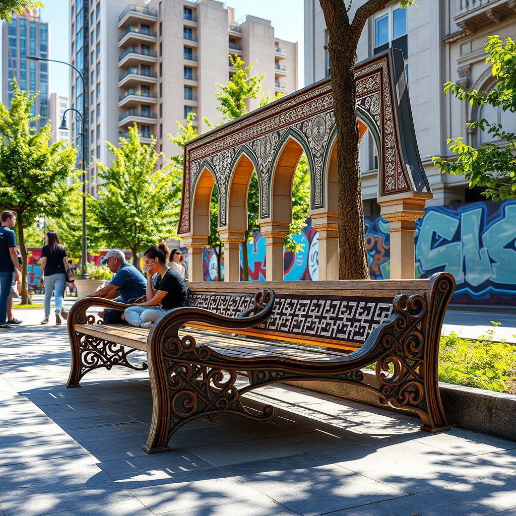 A beautifully designed outdoor urban bench inspired by Iranian architecture, featuring intricate geometric patterns, elegant arches, and traditional motifs