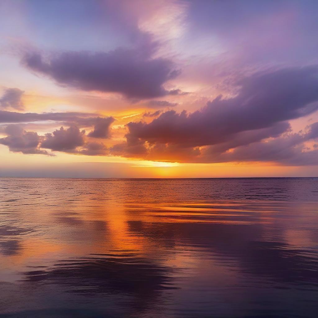 A panoramic view of a vibrant, serene sea at sunset, with orange and purple hues reflecting on the calm waters.