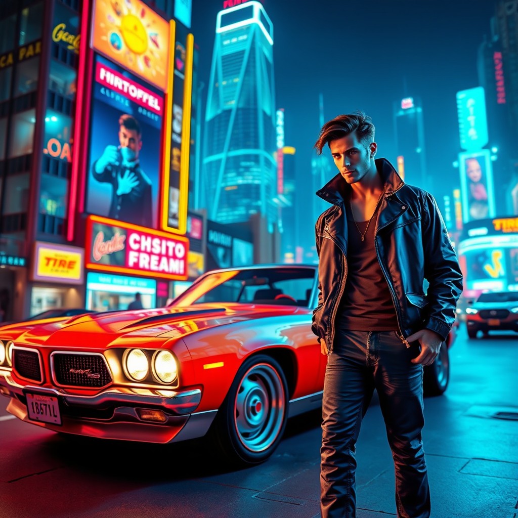 A vibrant retro-futuristic scene inspired by the Automan TV series, featuring a sleek, glowing car with neon lights parked in a futuristic cityscape at night