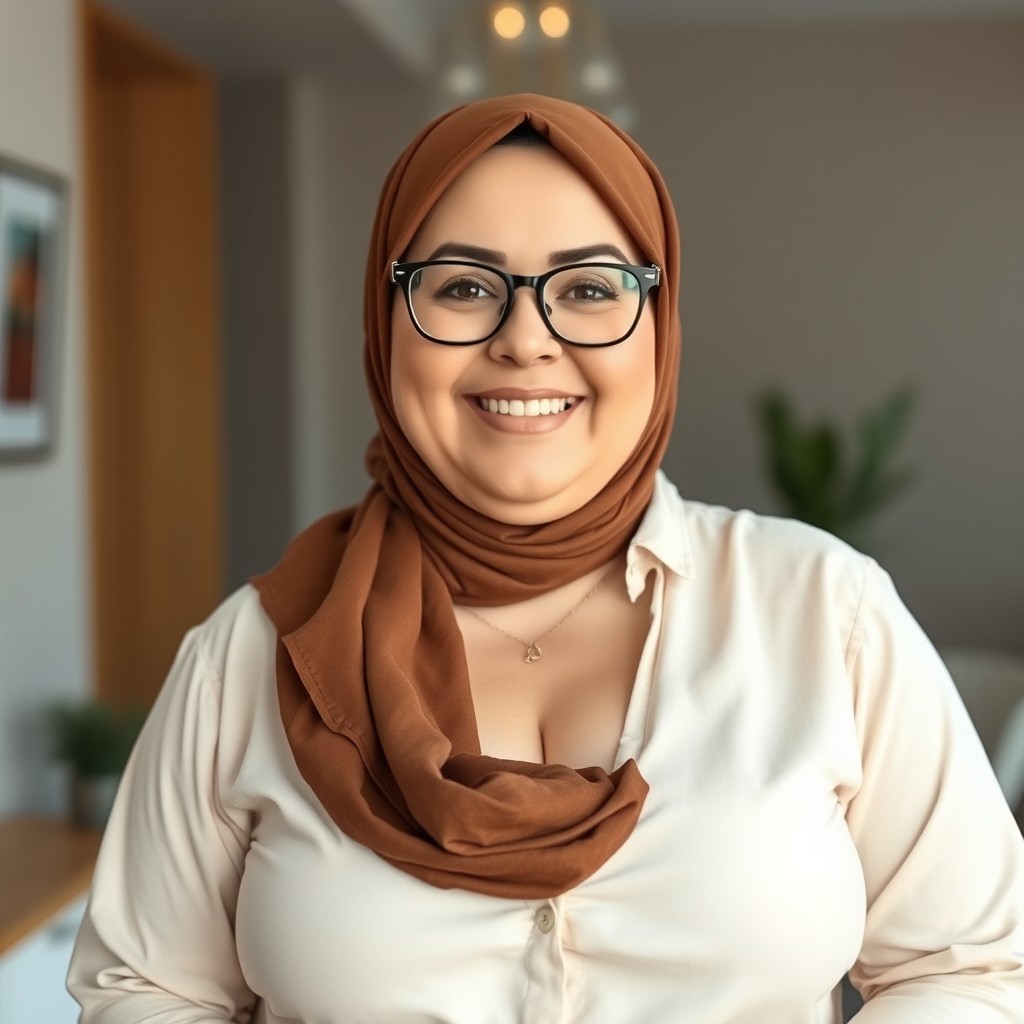 A beautiful, voluptuous Russian woman, around 50 years old, with fair skin and a full, happy smile resembling a professional model