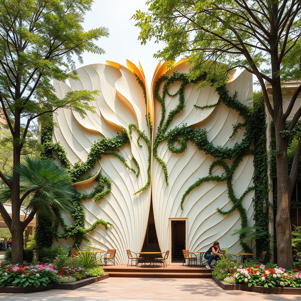 A stunning facade of a large book cafe, designed to resemble an open book with pages elegantly flowing and intertwining with natural elements