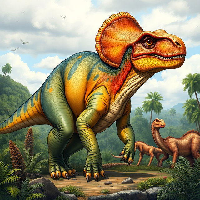 A detailed illustration of a Pachycephalosaurus, showcasing its distinctive thick, domed skull and bipedal stance