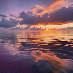 A panoramic view of a vibrant, serene sea at sunset, with orange and purple hues reflecting on the calm waters.