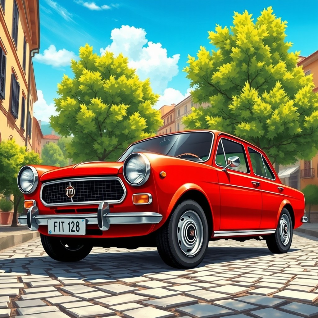 A beautifully detailed and vibrant illustration of a classic FIAT 128 car parked on a scenic street