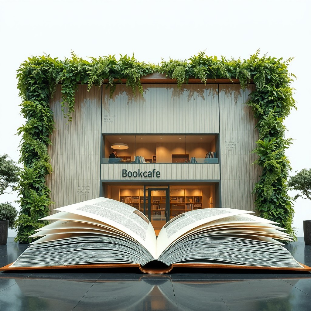 The facade of a large, captivating book cafe designed to resemble an open book lying on the floor, perfectly positioned for viewers to see the center of the book from the outside, inviting them to enter its pages