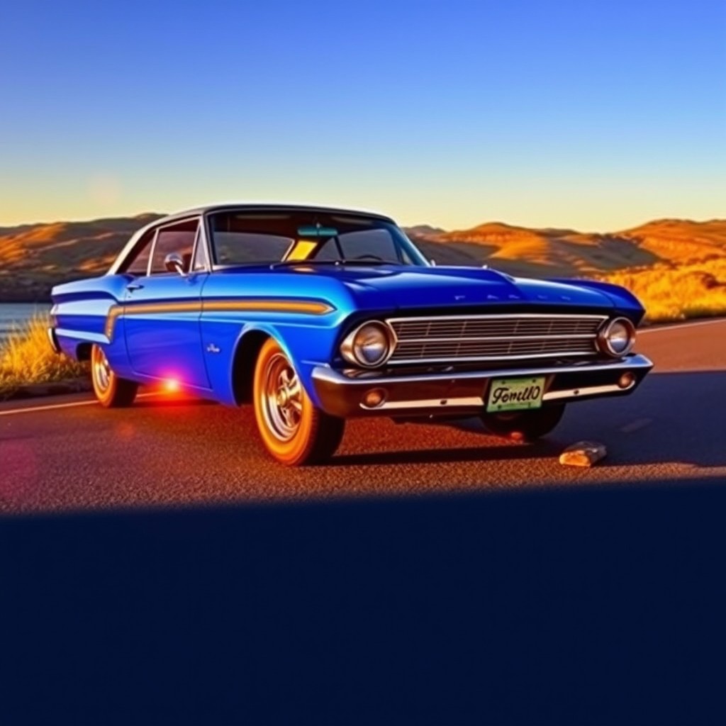 A sleek, vintage Ford Falcon in a vibrant royal blue color, parked on a sunlit coastal road during golden hour
