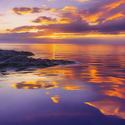 A panoramic view of a vibrant, serene sea at sunset, with orange and purple hues reflecting on the calm waters.