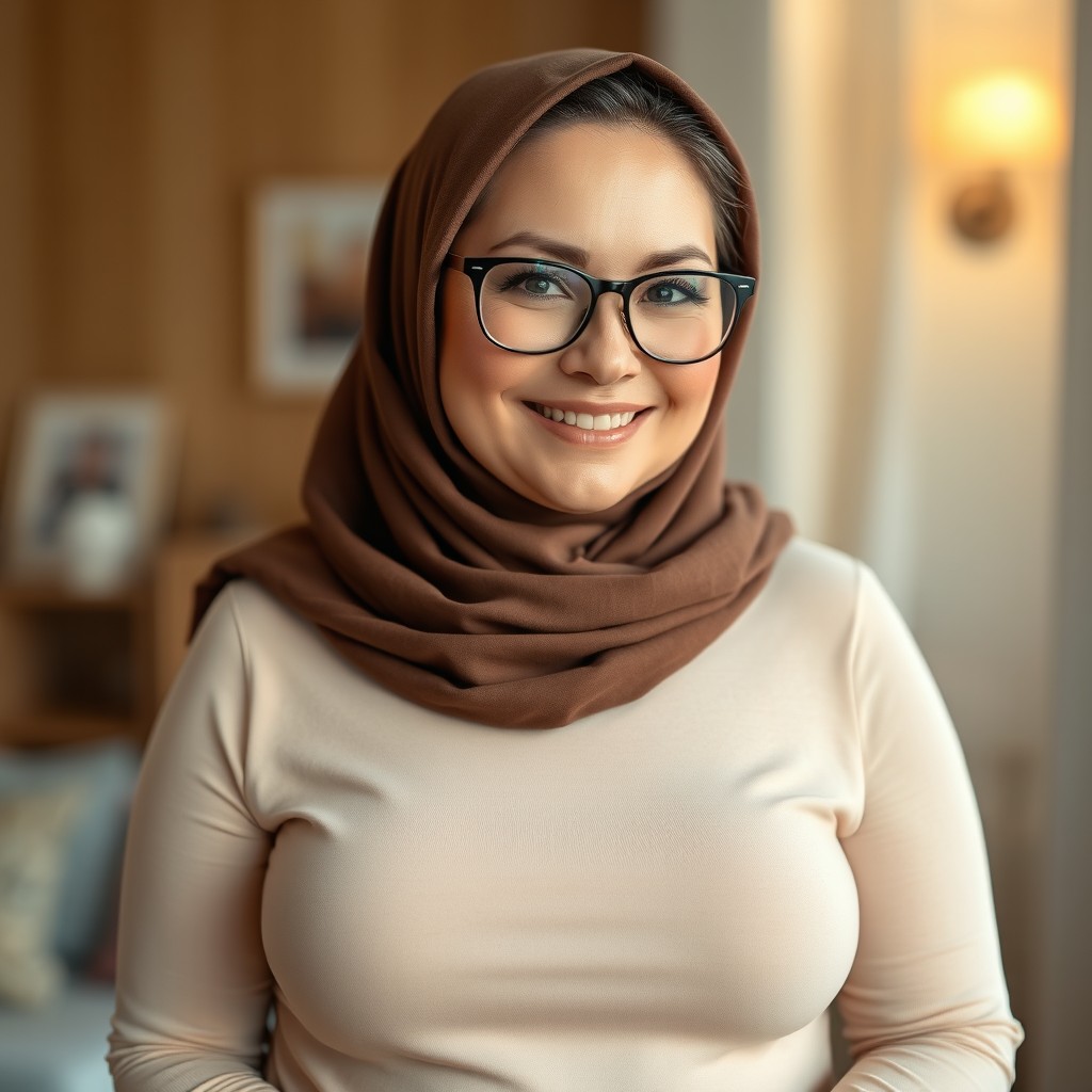 A stunning 50-year-old Russian woman with a beautiful chubby physique, wearing a brown hijab