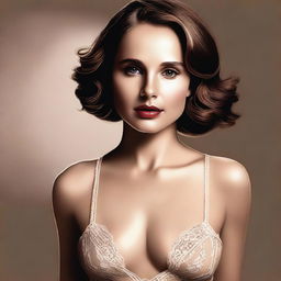 A high-quality digital art image featuring Natalie Portman in a sensual pose, subtly suggesting the act of undressing