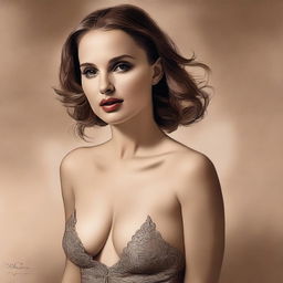 A high-quality digital art image featuring Natalie Portman in a sensual pose, subtly suggesting the act of undressing