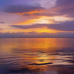 A panoramic view of a vibrant, serene sea at sunset, with orange and purple hues reflecting on the calm waters.