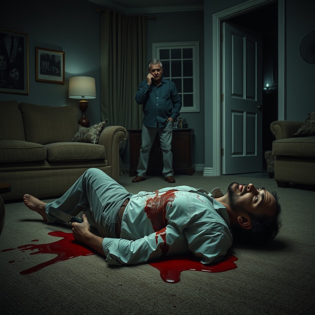 A dramatic scene depicting a man lying lifeless on the floor of a living room with a knife protruding from his chest, blood pooling around him