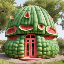 A unique house constructed entirely out of watermelons, with attention to architectural details.