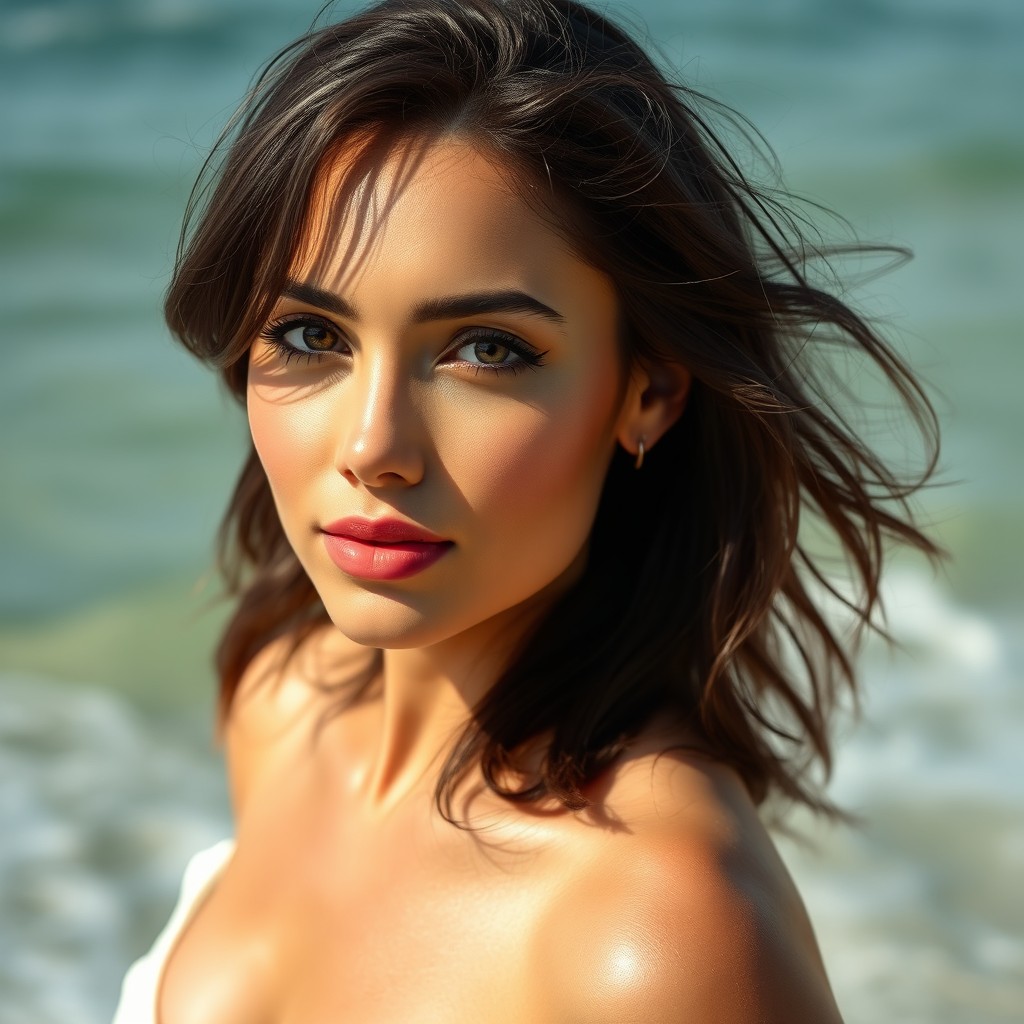 A beautiful woman posed fashionably, with soft sunlight gently highlighting her skin