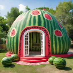 A unique house constructed entirely out of watermelons, with attention to architectural details.