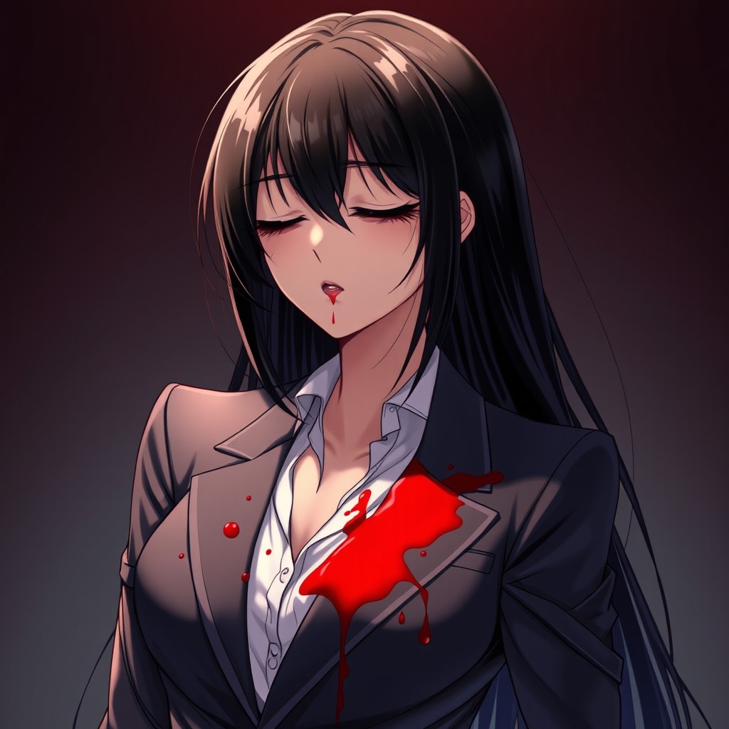 An anime-style illustration of a woman with long, black silky hair and her eyes closed, embodying a powerful ambiance
